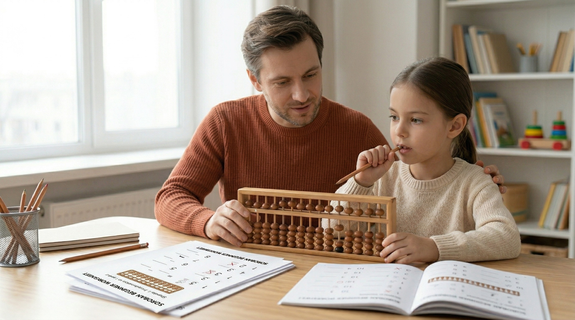 Parent accompagnant un enfant pendant le soroban à la maison