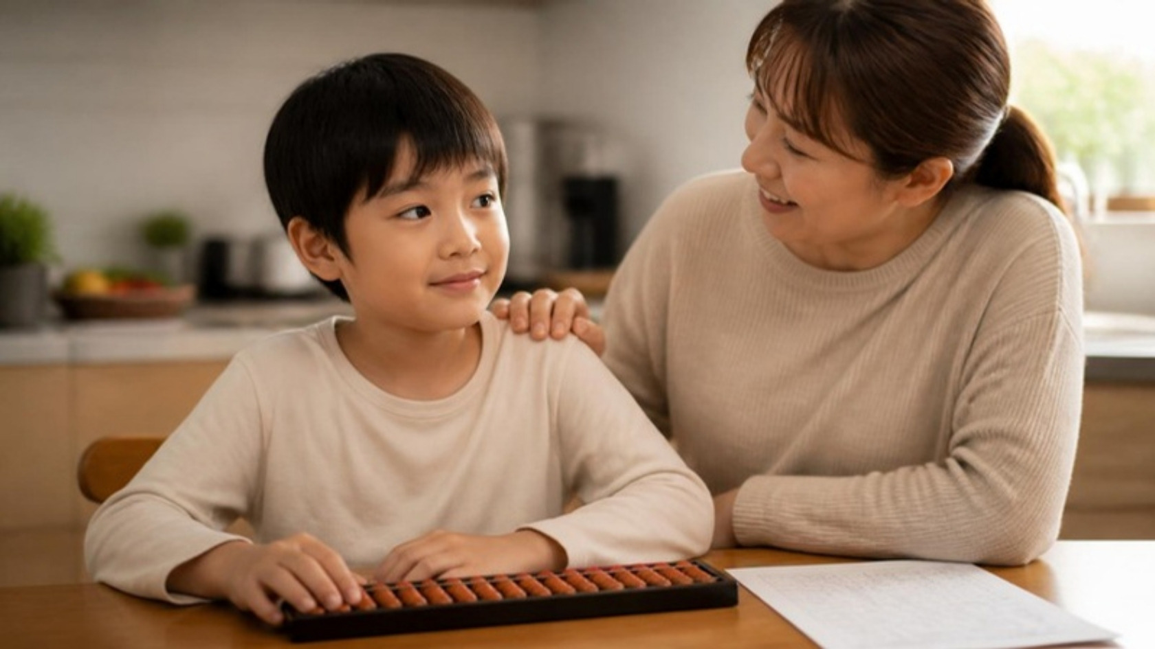 Parent qui rassure un enfant calme assis devant un soroban