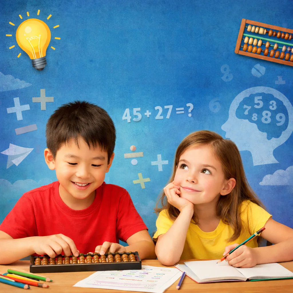 A child happily practicing mental arithmetic and numbers