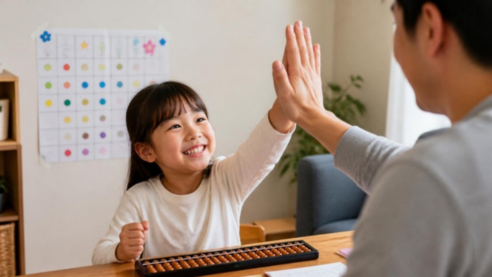 Enfant fier qui tape dans la main d’un parent à côté d’un soroban et d’un calendrier d’autocollants