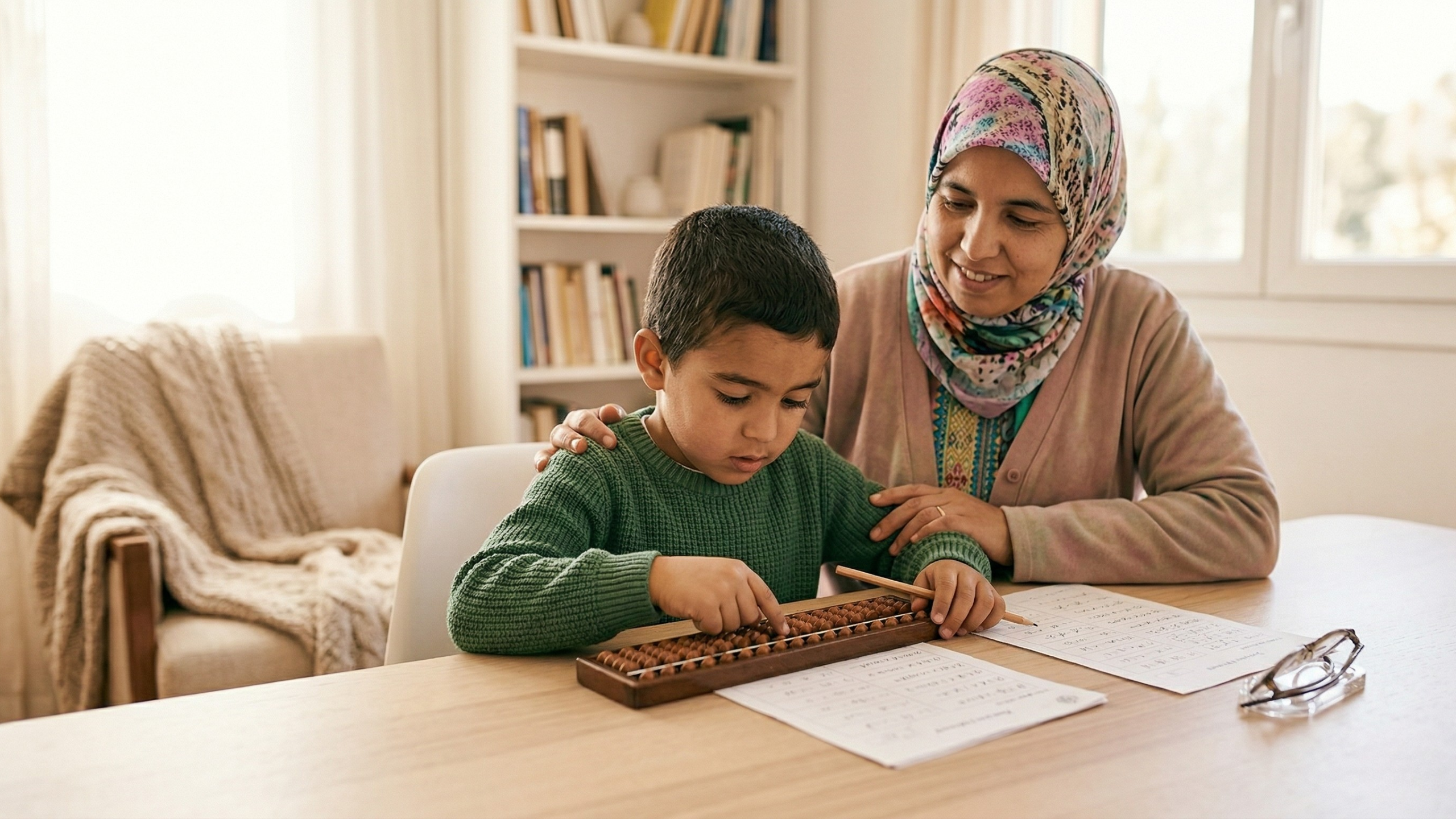 Parent aidant un enfant à pratiquer le soroban à la maison