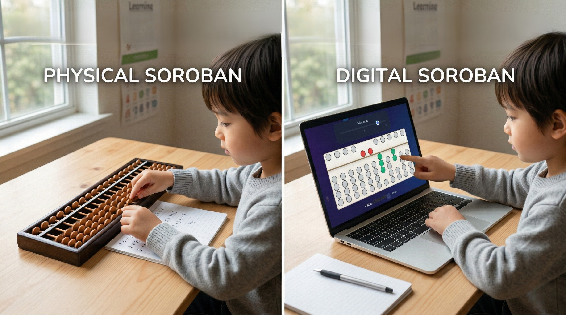 Soroban physique à côté d’un soroban numérique