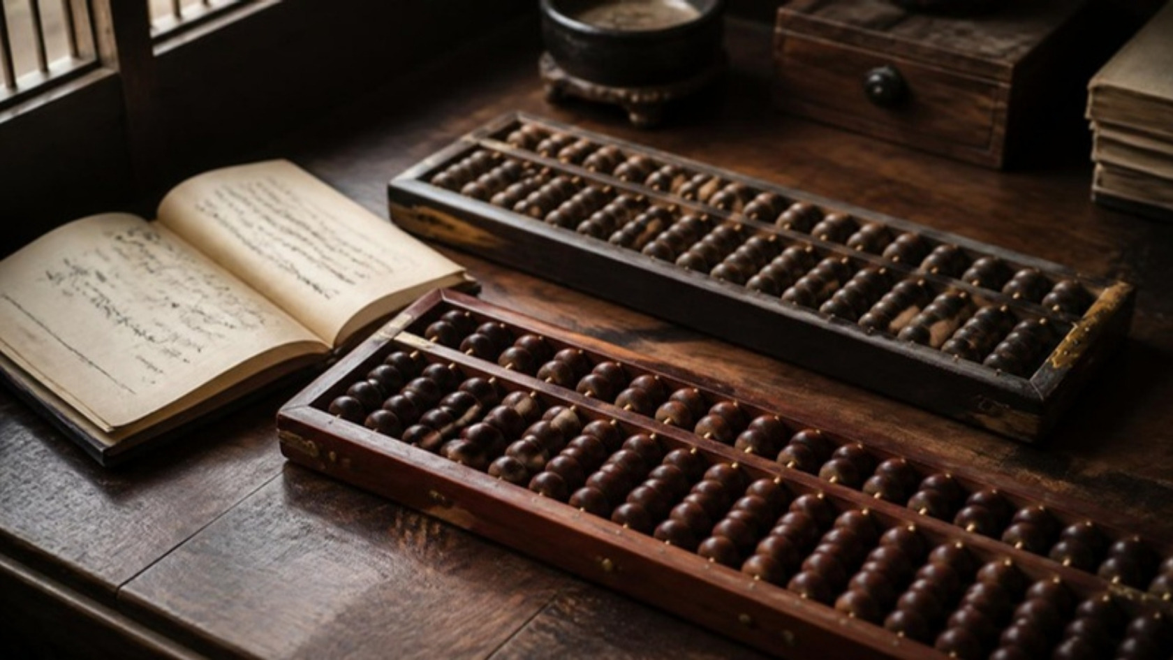 Antique soroban and Chinese abacus on a wooden desk next to an old book