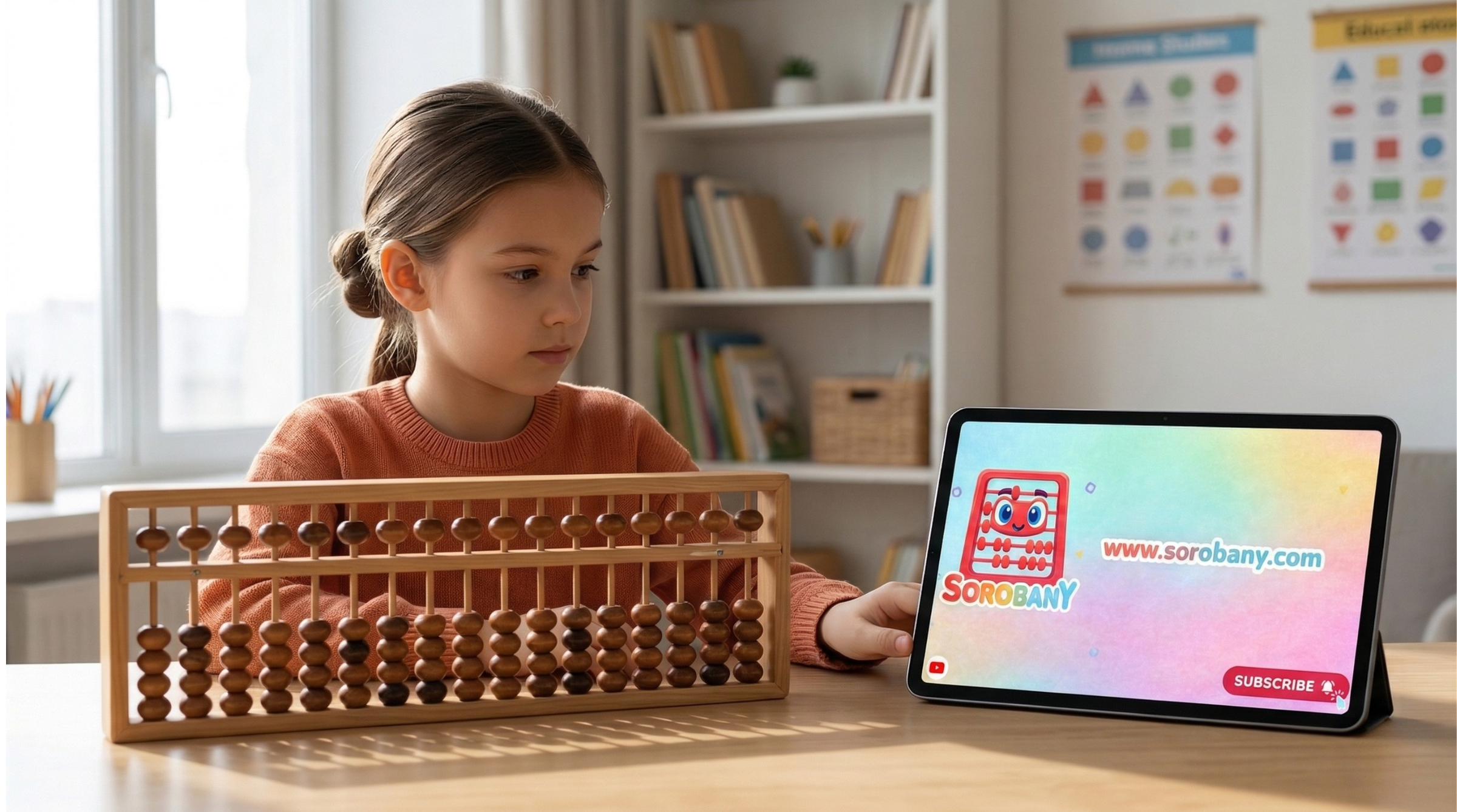 Enfant comparant un soroban et une application de calcul